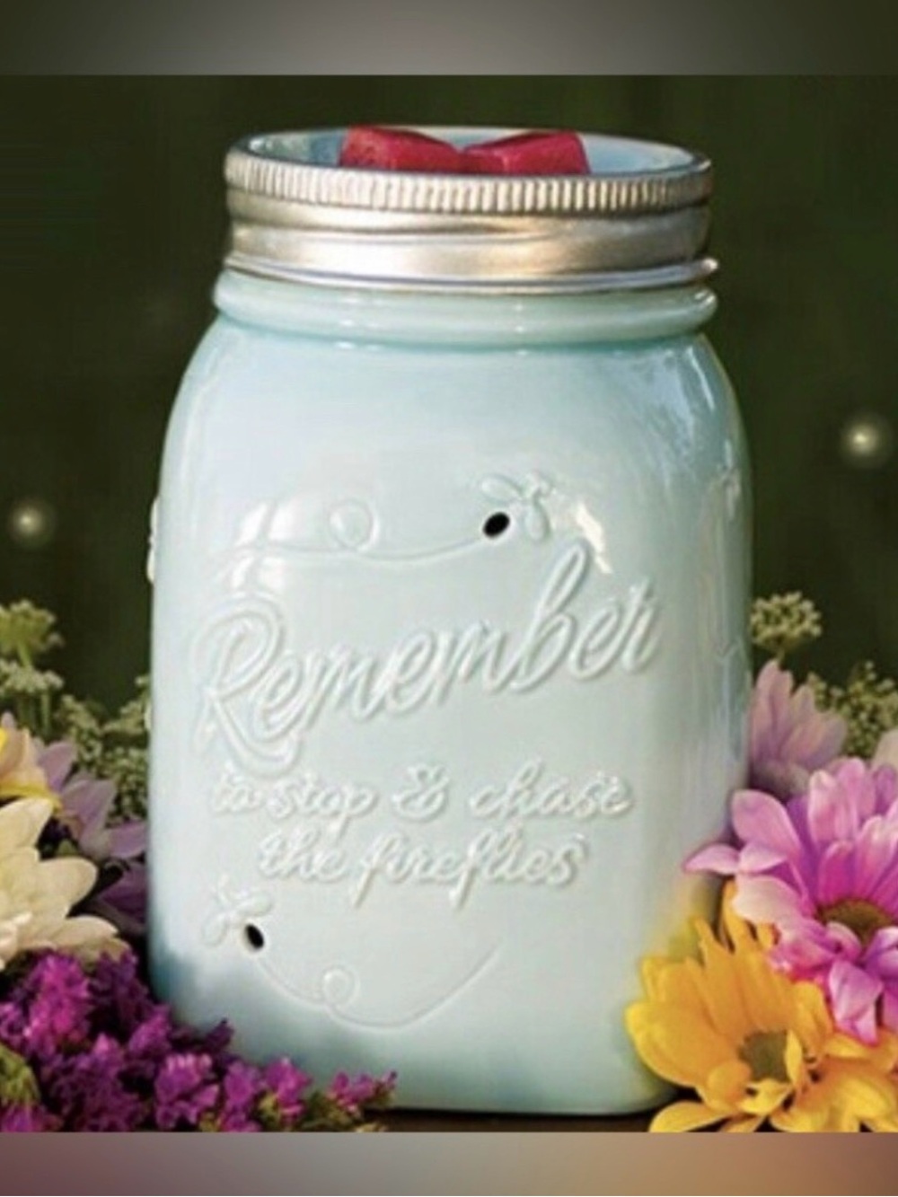 SCENTSY MASON JAR WARMER Remember Fireflies Light Blue